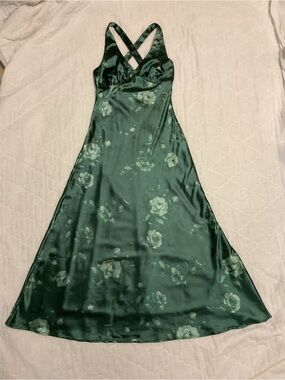 Rowa Green Floral Satin Slip Maxi Dress Fairy Romantic Wedding Guest Prom  XS